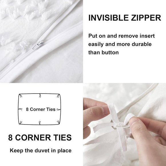 NEW Boho White Tufted Style Jungalow Bohemian Queen 3PC DUVET Cover Bedding SET - Picture 5 of 5